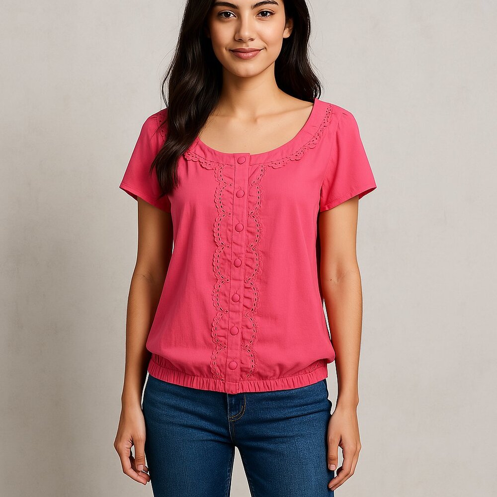 Spense Coral Chiffon blouse with neckline front eyelet accent button front Sz L